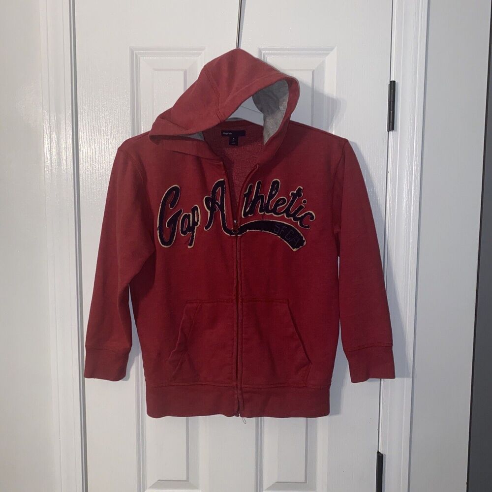 Gap Kids Red Hoodie - Hooded Zippered Sweatshirt Size 8 (M) Spellout Athletic